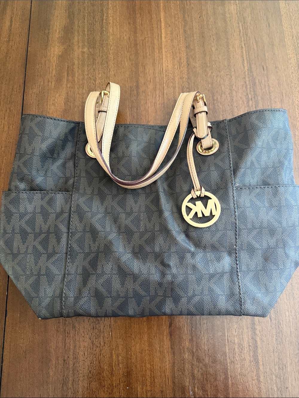 Michael Kors Brown MK Signature Tote with Nude Leather Handles & matching wallet